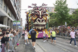 Las carrozas `Stone`, `Cerbero` y `Tirya`, ganadoras de la Batalla de Flores de Laredo